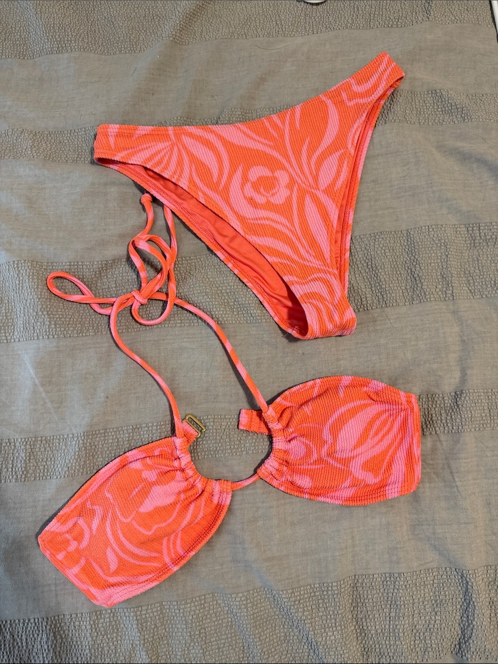 Billabong Neon Coral Pink Patterned Bikini Set